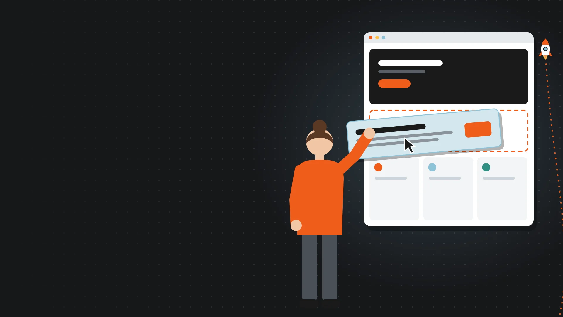 Illustration of a person dragging a new section into a web page