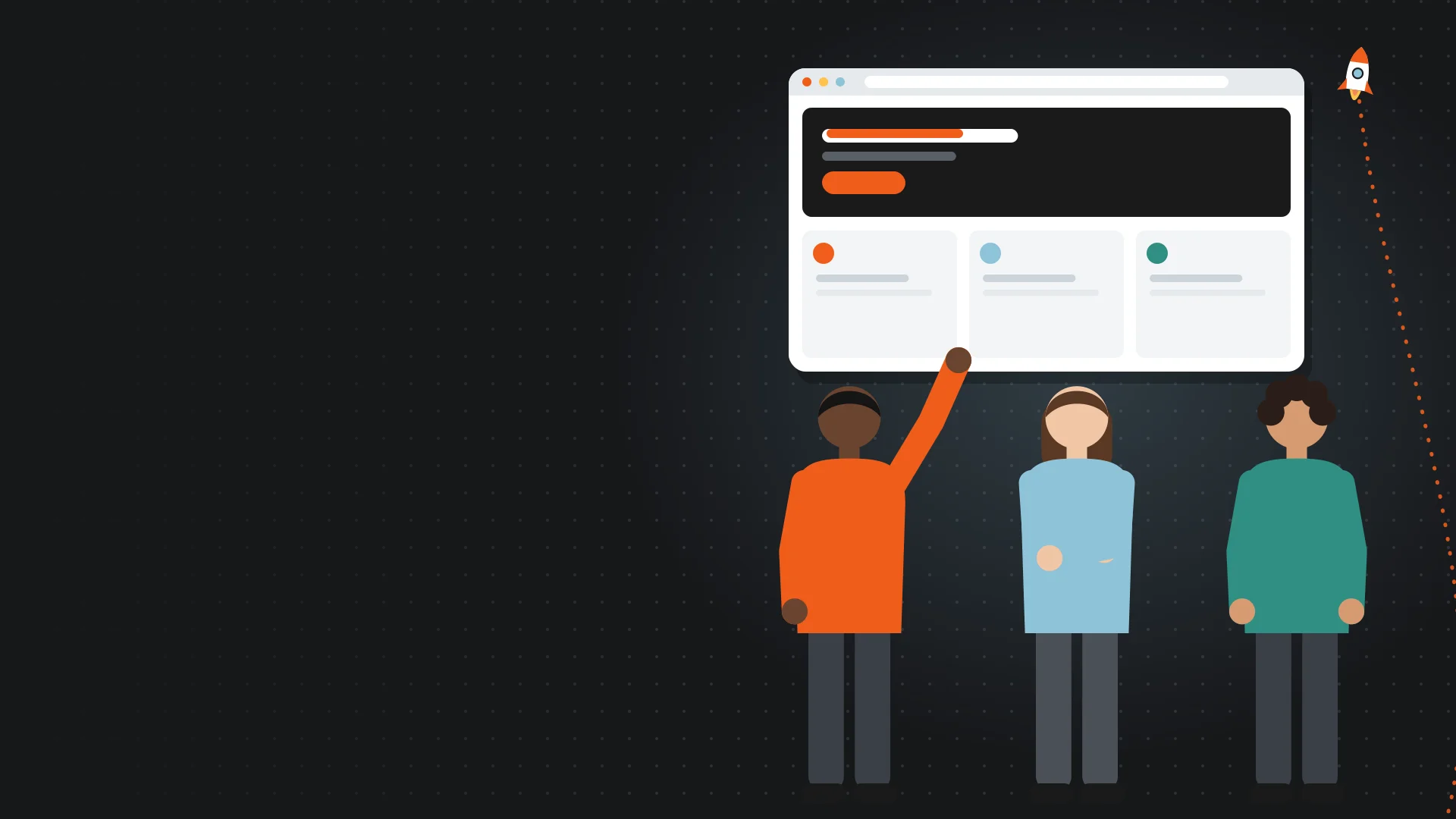 Illustration of a team of three planning a website on a large screen