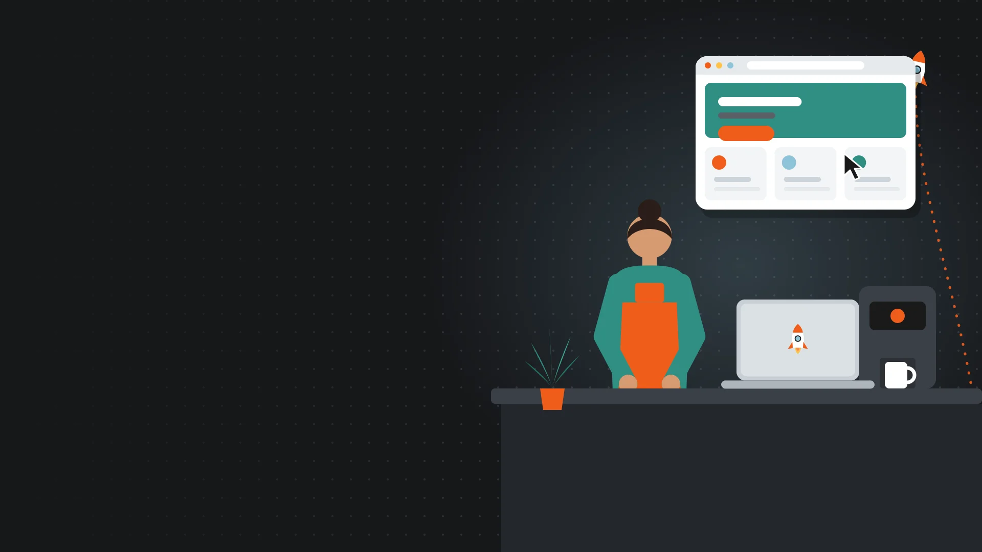 Illustration of a café owner behind the counter with her new website floating above