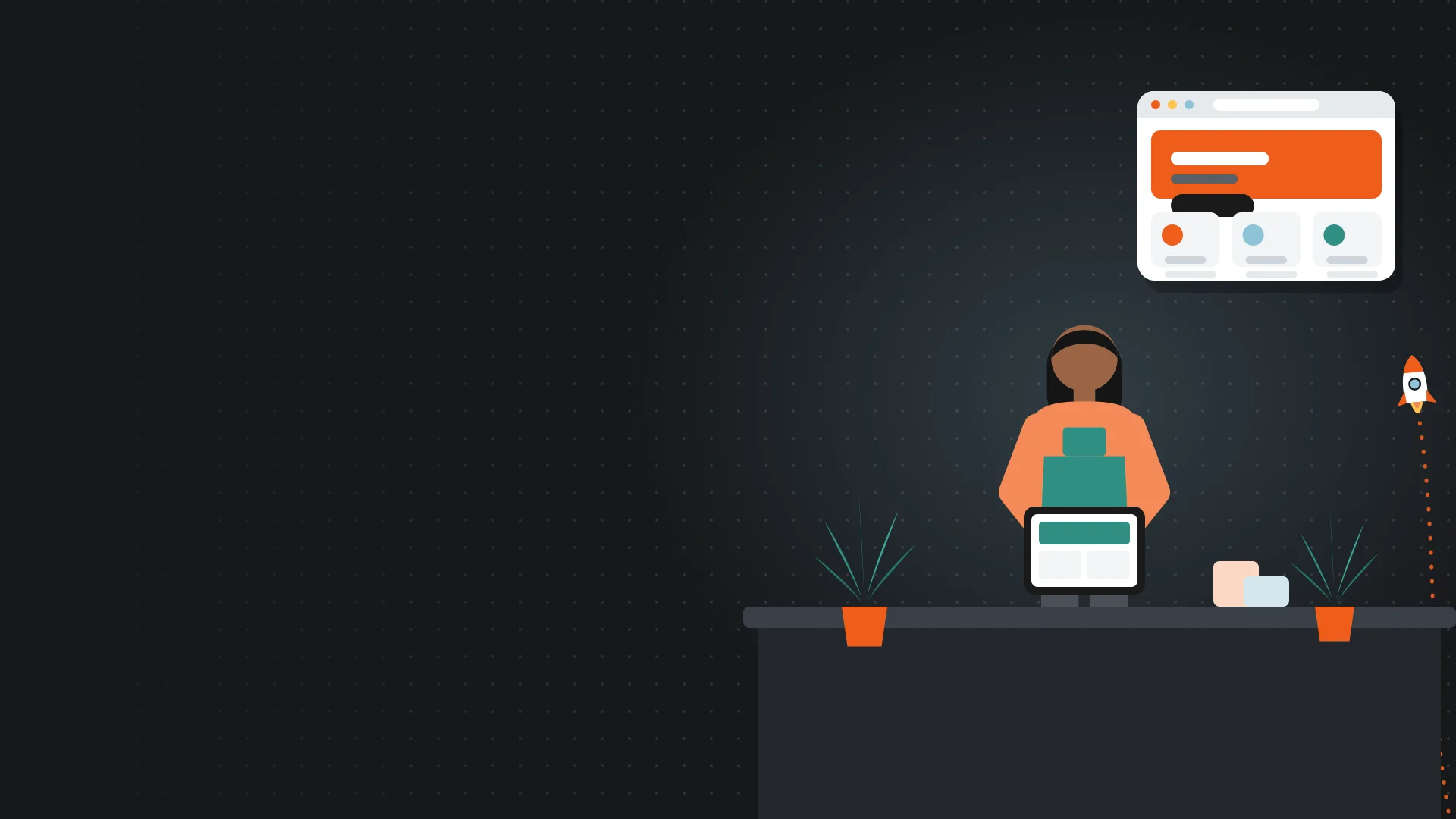 Illustration of a florist at her bench using a tablet, with her online shop beside her