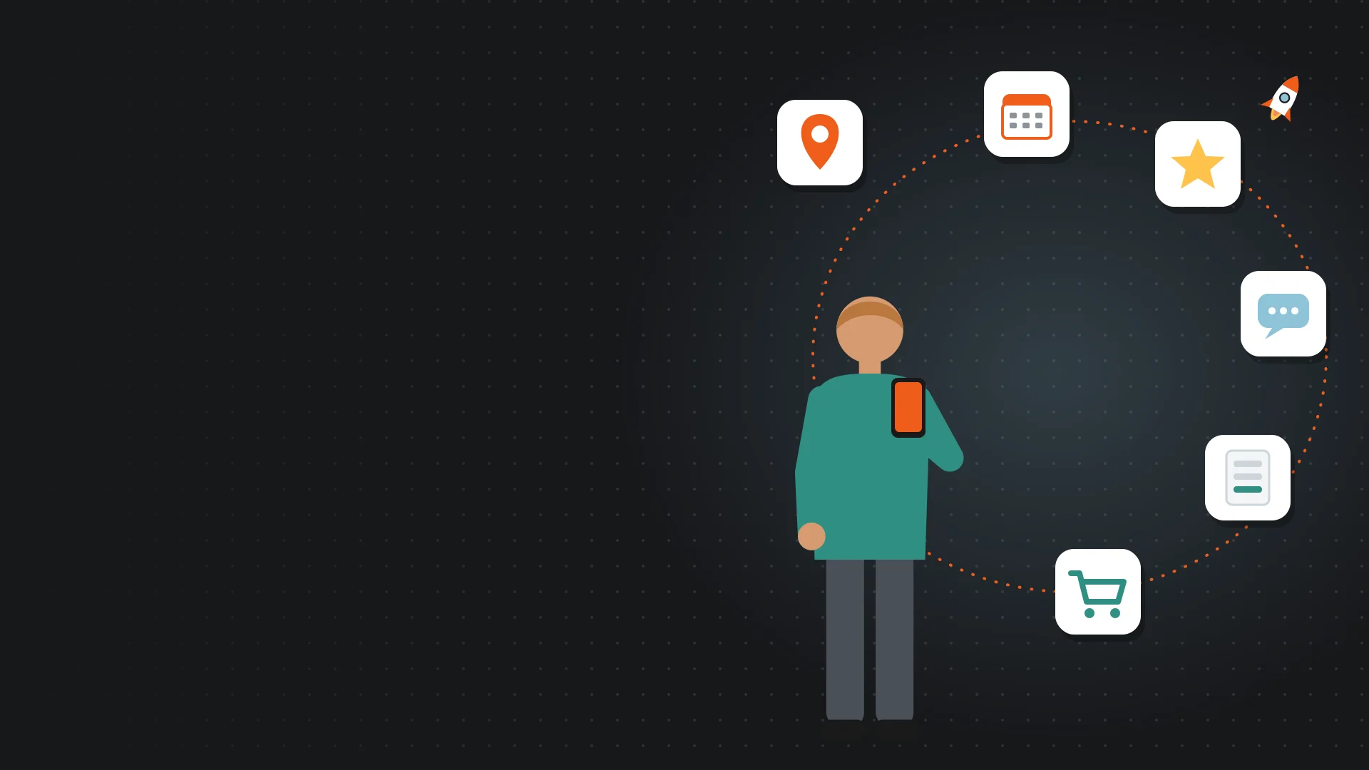 Illustration of a person holding a phone with app icons orbiting around them