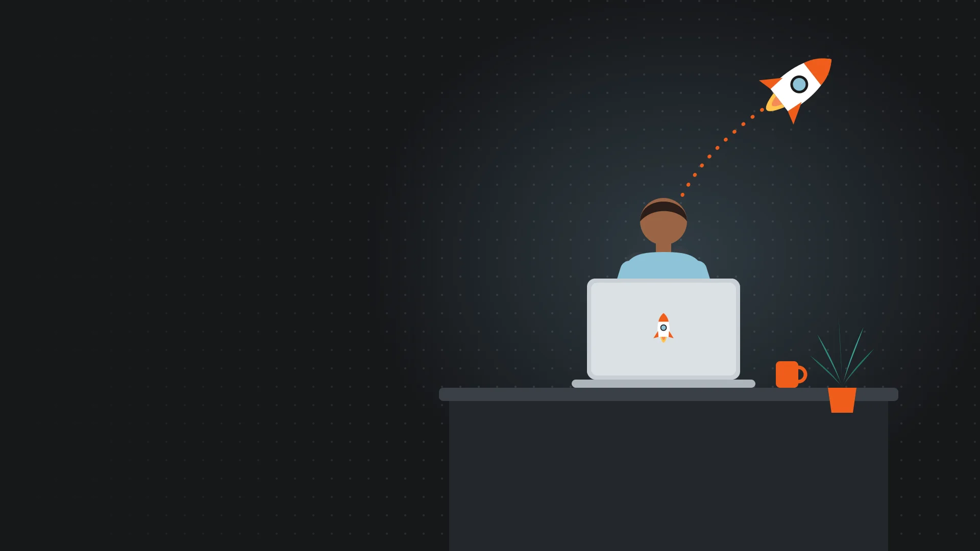 Illustration of a person at a laptop with a rocket launching from the screen