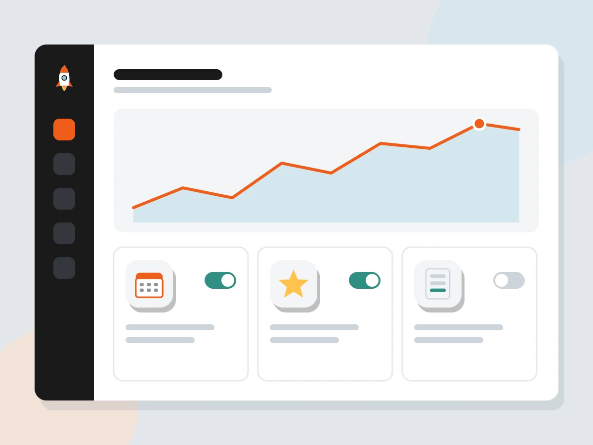 Dashboard showing a traffic chart and installed apps with on and off toggles